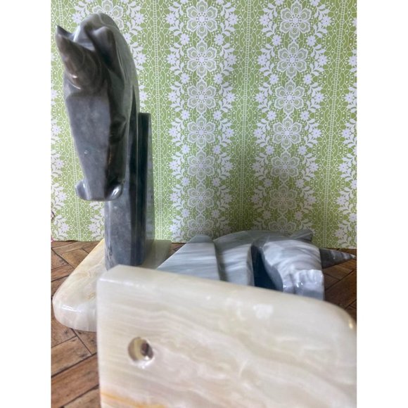 Carved Stone Grey Marbled Unicorn Bookends Set of 2 - Picture 4 of 5